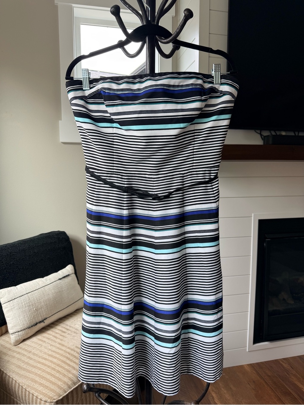 White House Black Market Black, White & Blue Striped Strapless Dress